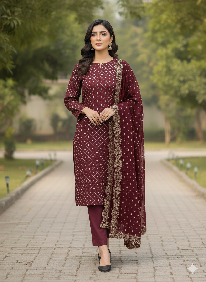 Fabric: Crinkle shfoon 9mm gall shirt  with 4 border boti gall style duppata , 2pcs Dress