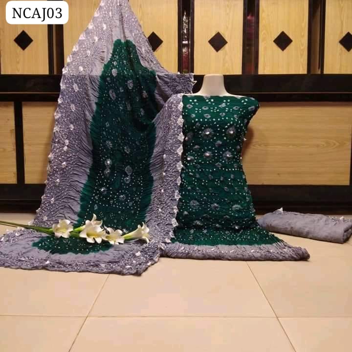 Soft Arabic Linen Fabric Hand Made Chunri Shirt With Linen Chunri Dupatta And Linen Chunri Trouser 3Pc Dress