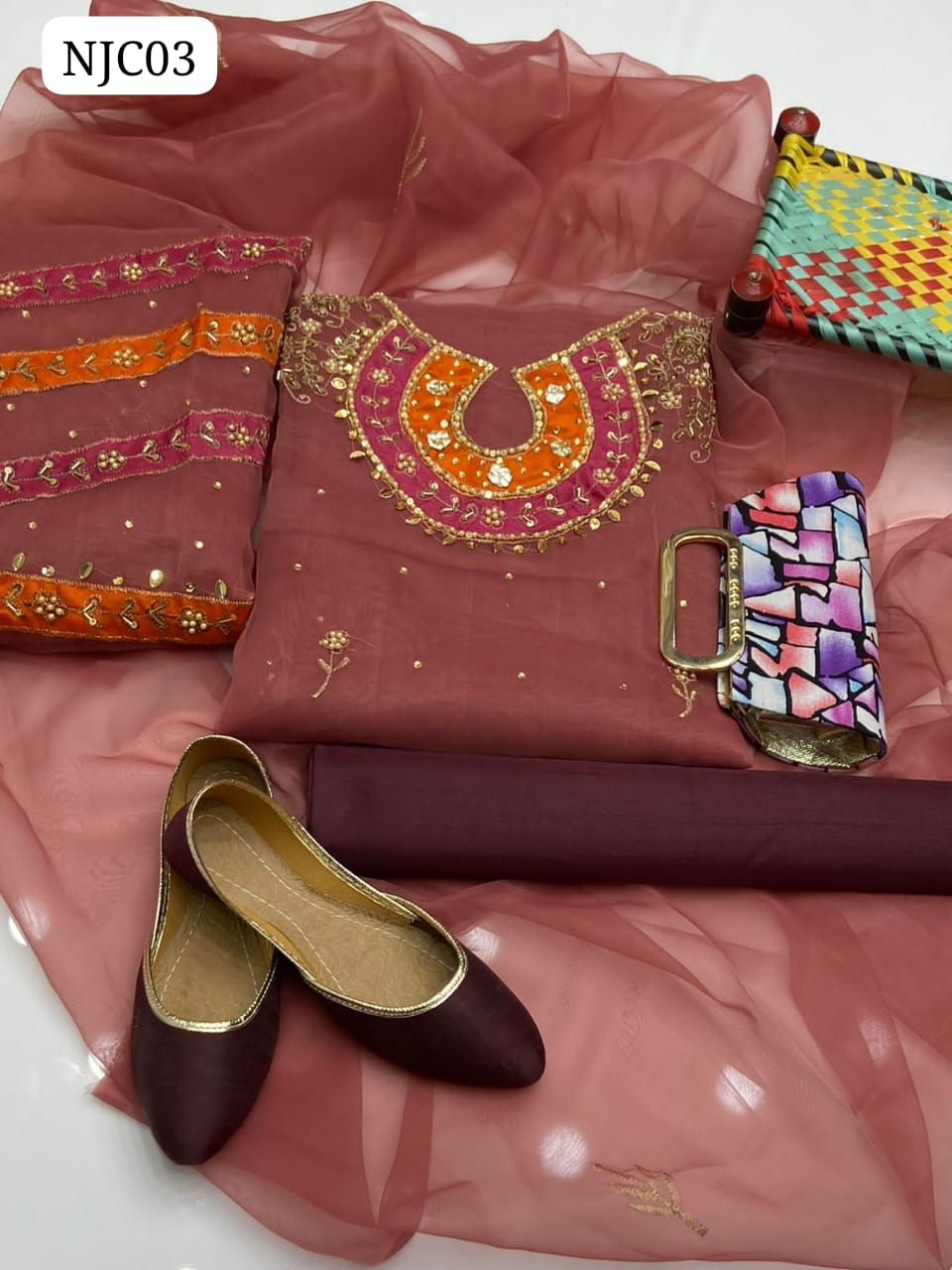 Organza Handmade + Aari Zari Beeds And Gota Work Applic Shirt With Heavy Bazo Patch Work With Aari Work Organza Dupatta And Kataan Silk Trouser 3Pc Dress With Matching Khussa & Matching Clutch