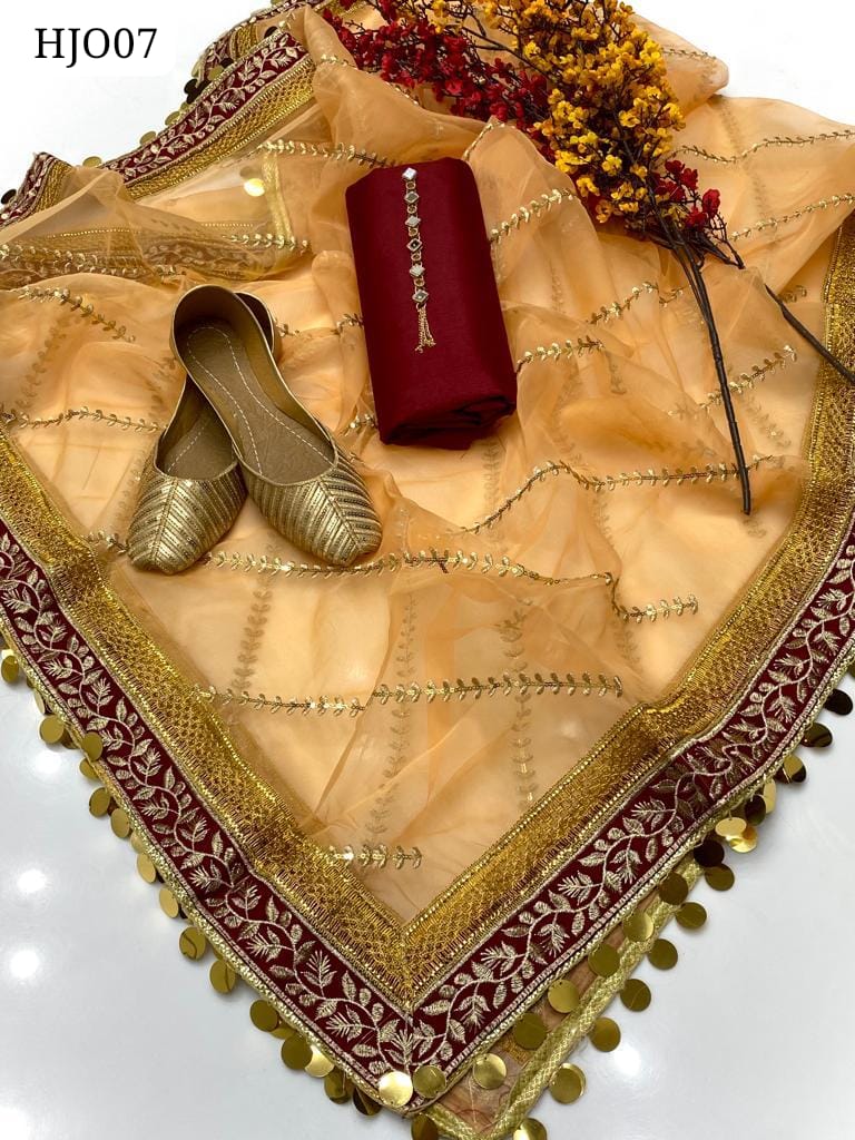 Kataan Silk Fabric Plain Shirt With Along Indian Orgnza Boder Dupatta And Kataan Silk Trouser With Neck Line And With Out Shose