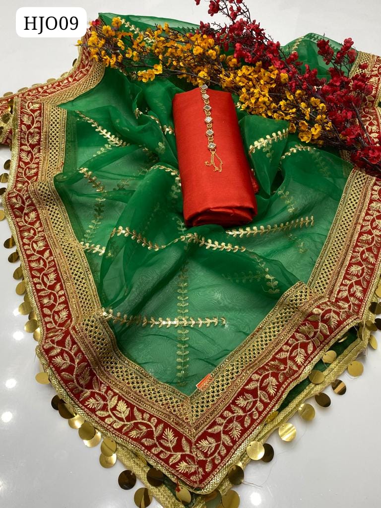 Kataan Silk Fabric Plain Shirt With Along Indian Orgnza Boder Dupatta And Kataan Silk Trouser With Neck Line And With Out Shose