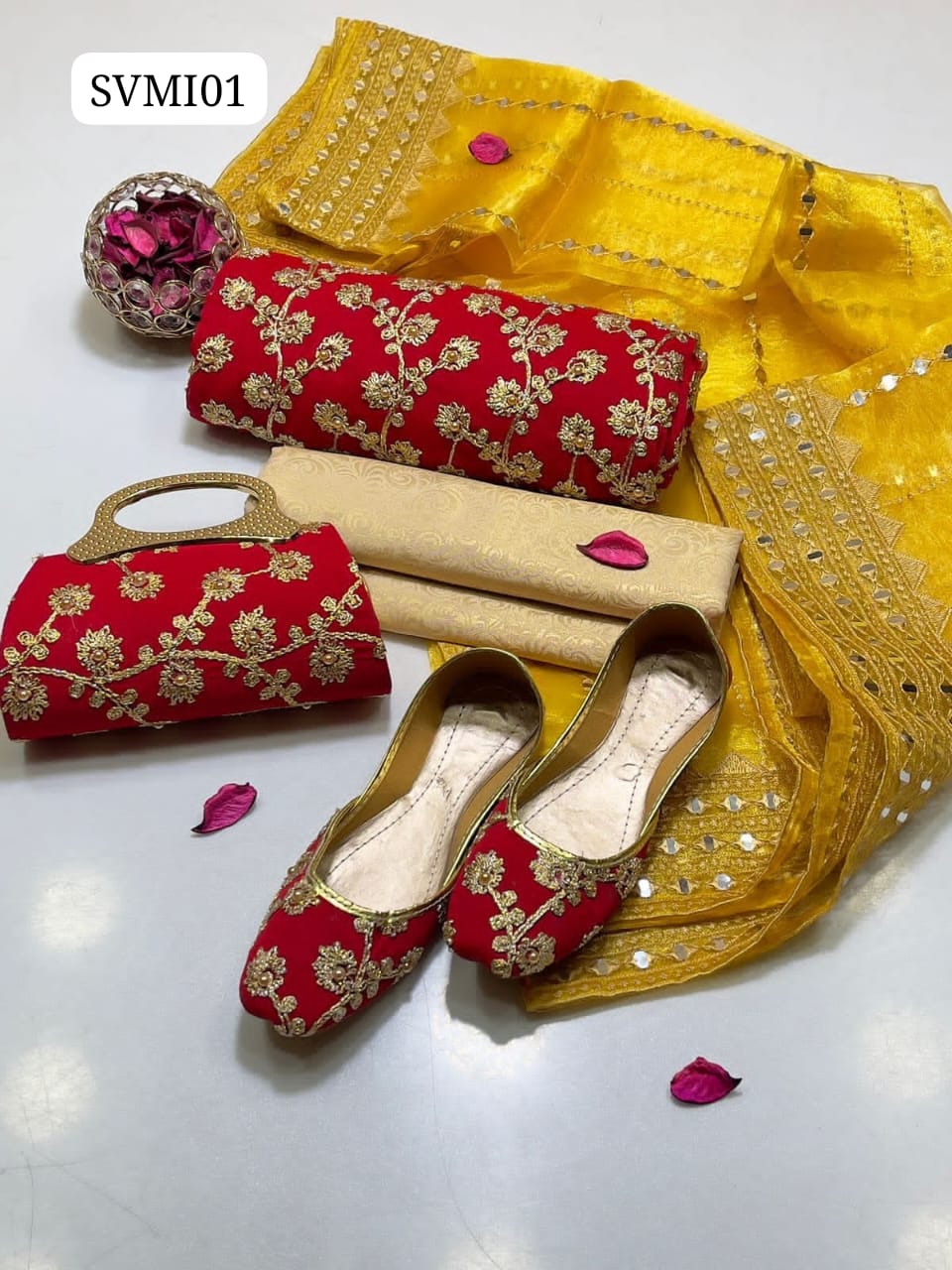 Crinkle Chiffon Fabric Marble And Gotta Embroidery Shirt With Tissue Organza Fabric 9mm Panni Sheesha Embroidery Dupatta With Heavy Pallu Embroidery And Self Embossed Masuri Trouser 3Pc Dress Matching Khussa & Clutch