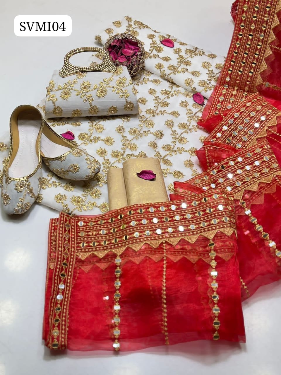 Crinkle Chiffon Fabric Marble And Gotta Embroidery Shirt With Tissue Organza Fabric 9mm Panni Sheesha Embroidery Dupatta With Heavy Pallu Embroidery And Self Embossed Masuri Trouser 3Pc Dress Matching Khussa & Clutch