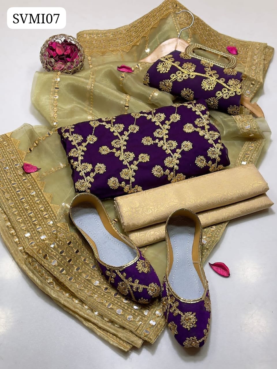 Crinkle Chiffon Fabric Marble And Gotta Embroidery Shirt With Tissue Organza Fabric 9mm Panni Sheesha Embroidery Dupatta With Heavy Pallu Embroidery And Self Embossed Masuri Trouser 3Pc Dress Matching Khussa & Clutch