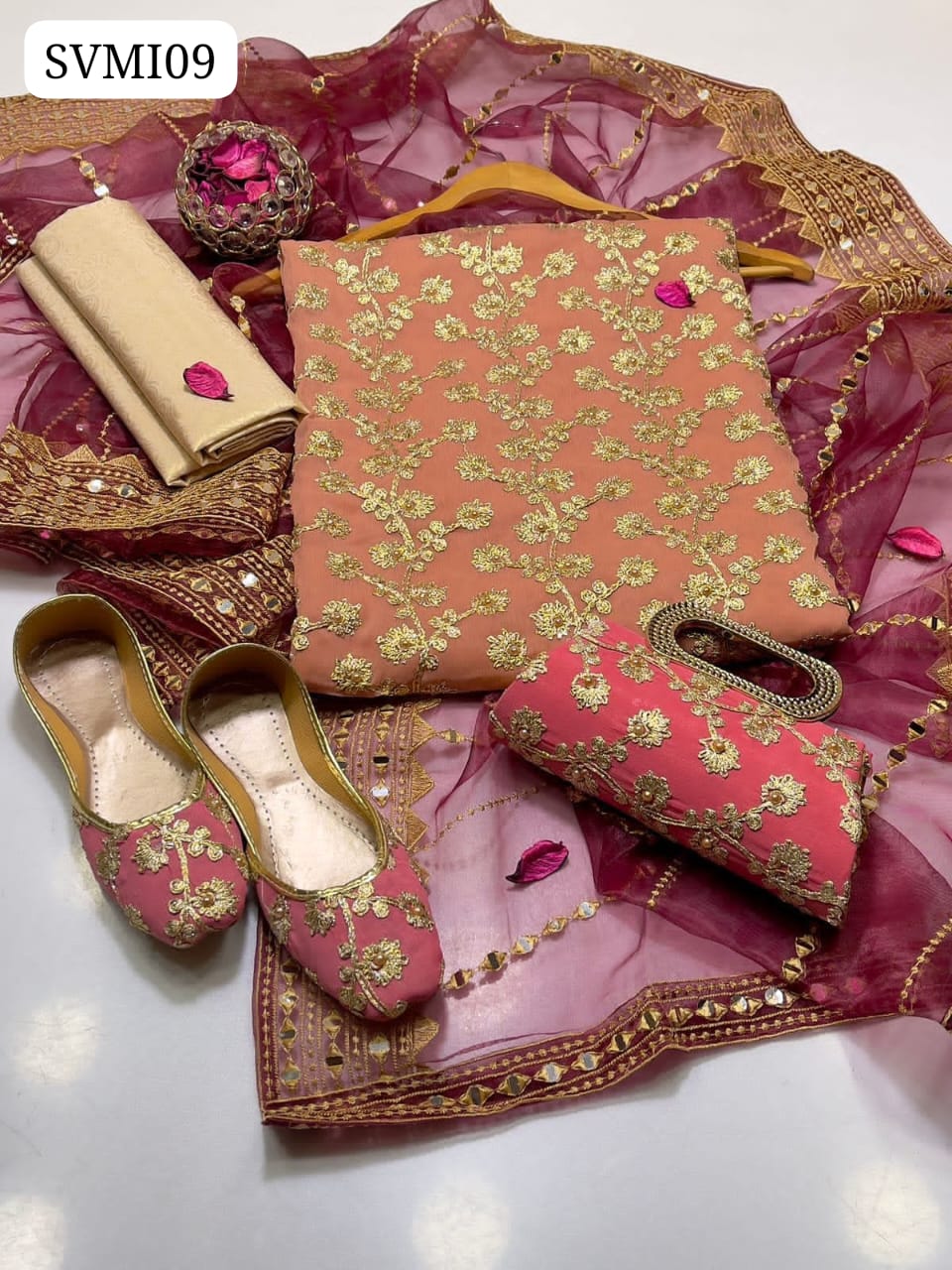 Crinkle Chiffon Fabric Marble And Gotta Embroidery Shirt With Tissue Organza Fabric 9mm Panni Sheesha Embroidery Dupatta With Heavy Pallu Embroidery And Self Embossed Masuri Trouser 3Pc Dress Matching Khussa & Clutch