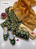 Crinkle Chiffon Fabric Marble And Gotta Embroidery Shirt With Tissue Organza Fabric 9mm Panni Sheesha Embroidery Dupatta With Heavy Pallu Embroidery And Self Embossed Masuri Trouser 3Pc Dress Matching Khussa & Clutch