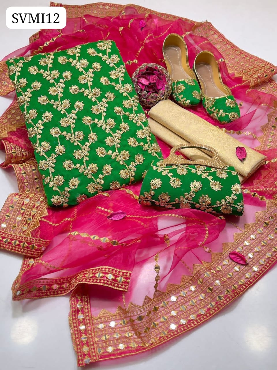 Crinkle Chiffon Fabric Marble And Gotta Embroidery Shirt With Tissue Organza Fabric 9mm Panni Sheesha Embroidery Dupatta With Heavy Pallu Embroidery And Self Embossed Masuri Trouser 3Pc Dress Matching Khussa & Clutch