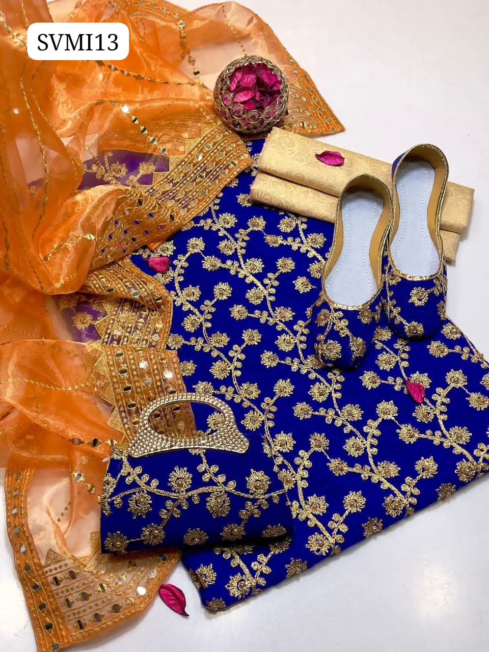 Crinkle Chiffon Fabric Marble And Gotta Embroidery Shirt With Tissue Organza Fabric 9mm Panni Sheesha Embroidery Dupatta With Heavy Pallu Embroidery And Self Embossed Masuri Trouser 3Pc Dress Matching Khussa & Clutch