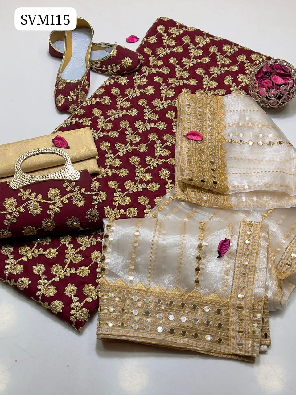 Crinkle Chiffon Fabric Marble And Gotta Embroidery Shirt With Tissue Organza Fabric 9mm Panni Sheesha Embroidery Dupatta With Heavy Pallu Embroidery And Self Embossed Masuri Trouser 3Pc Dress Matching Khussa & Clutch