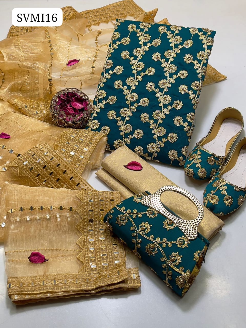 Crinkle Chiffon Fabric Marble And Gotta Embroidery Shirt With Tissue Organza Fabric 9mm Panni Sheesha Embroidery Dupatta With Heavy Pallu Embroidery And Self Embossed Masuri Trouser 3Pc Dress Matching Khussa & Clutch