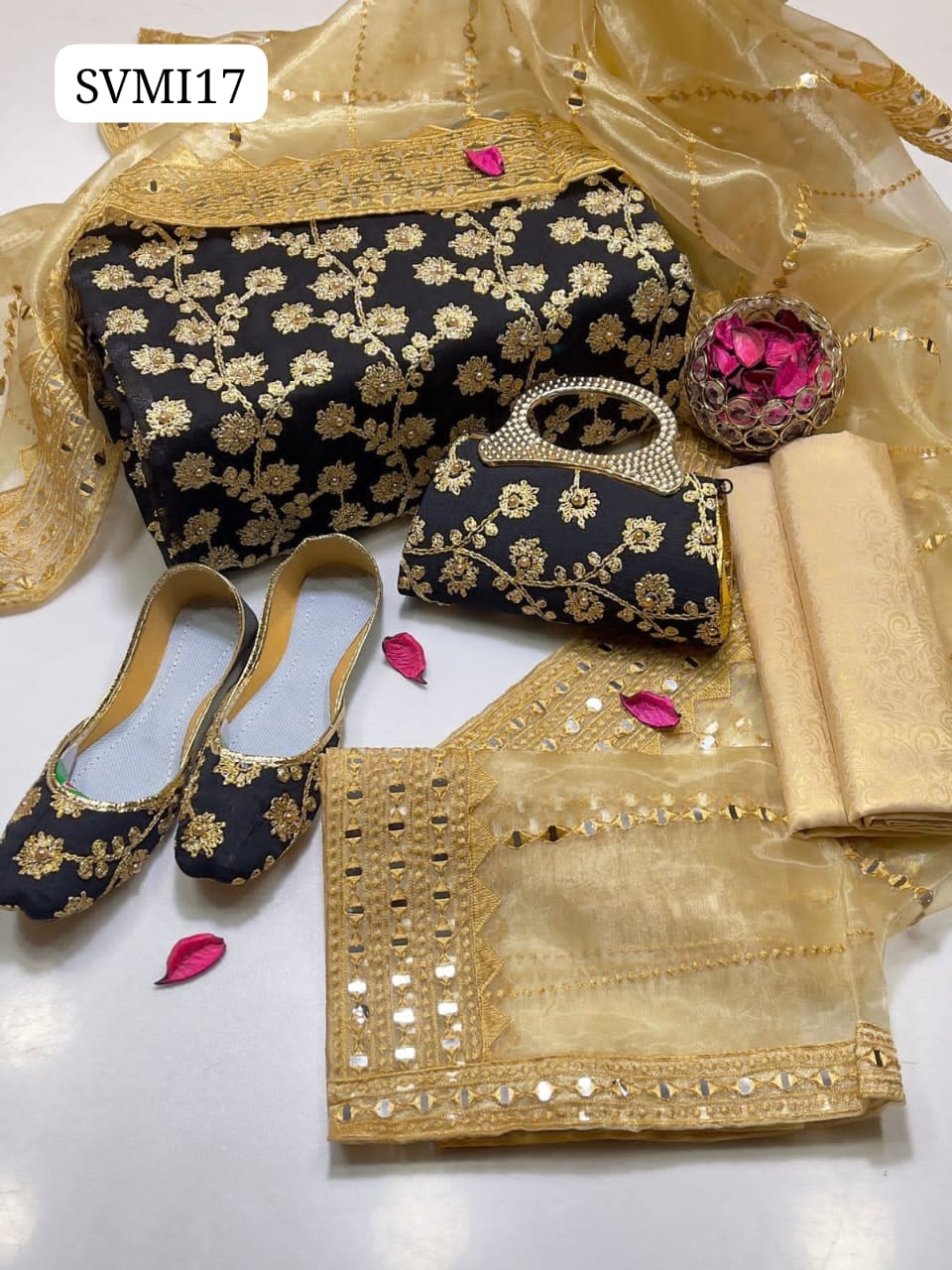 Crinkle Chiffon Fabric Marble And Gotta Embroidery Shirt With Tissue Organza Fabric 9mm Panni Sheesha Embroidery Dupatta With Heavy Pallu Embroidery And Self Embossed Masuri Trouser 3Pc Dress Matching Khussa & Clutch