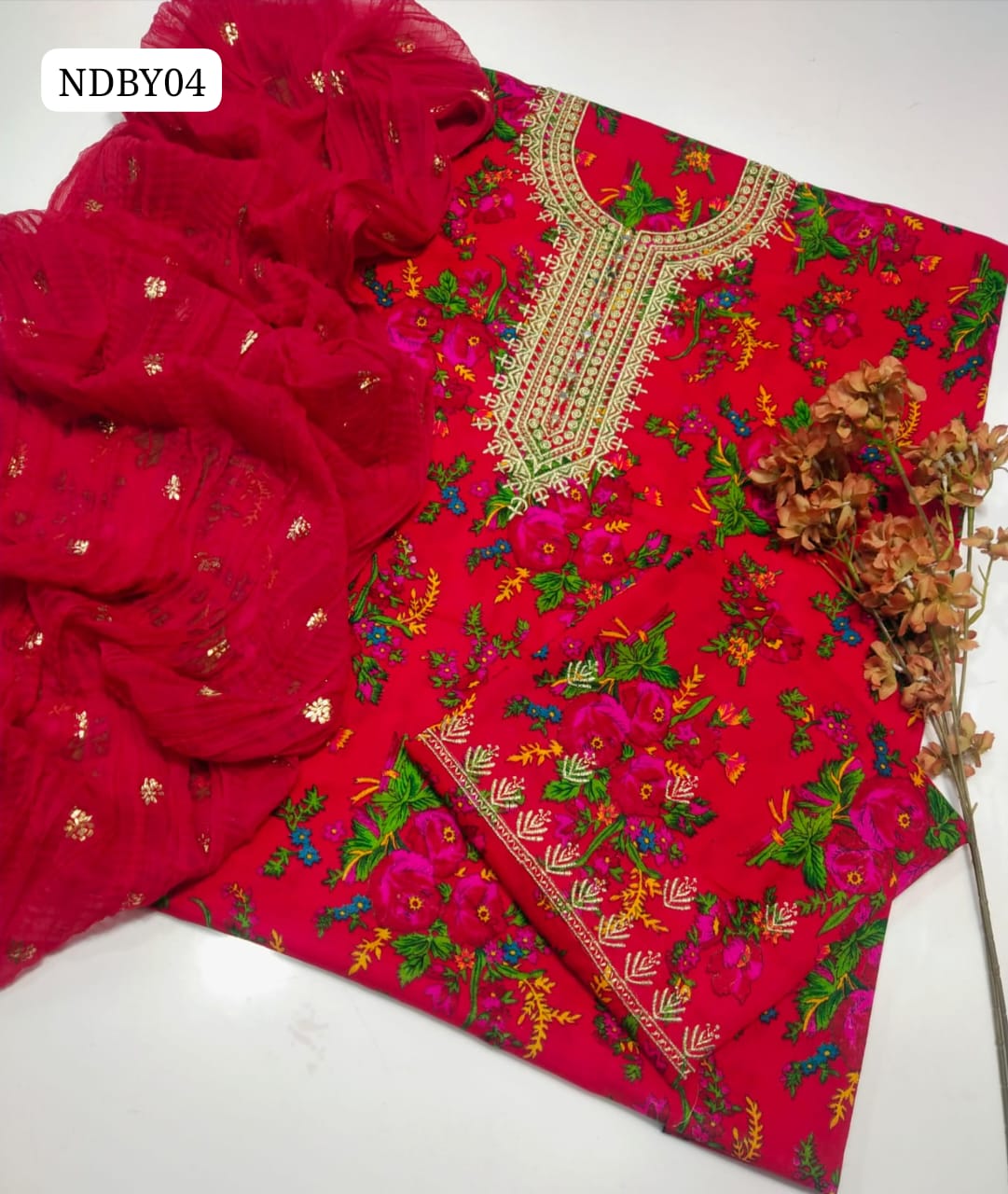 Stuff Summer Soft Swiss Lawn Front Gala Tilla Embroided Work Shirt Digital Print & Sleeves And Trouser With Soft Chiffon Karinkal Dupatta