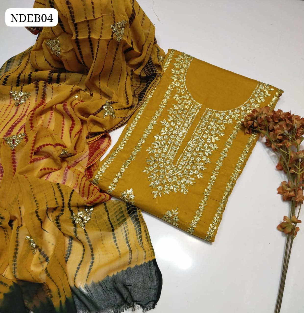 Pure Lawn 100/100 Hande Made Gota Gala Bail Qurta Style Neat Work Shirt With Gota Embroidery Chiffon Crush Tei & Dei Dupatta And Plain Lawn Trouser 3Pc Dress