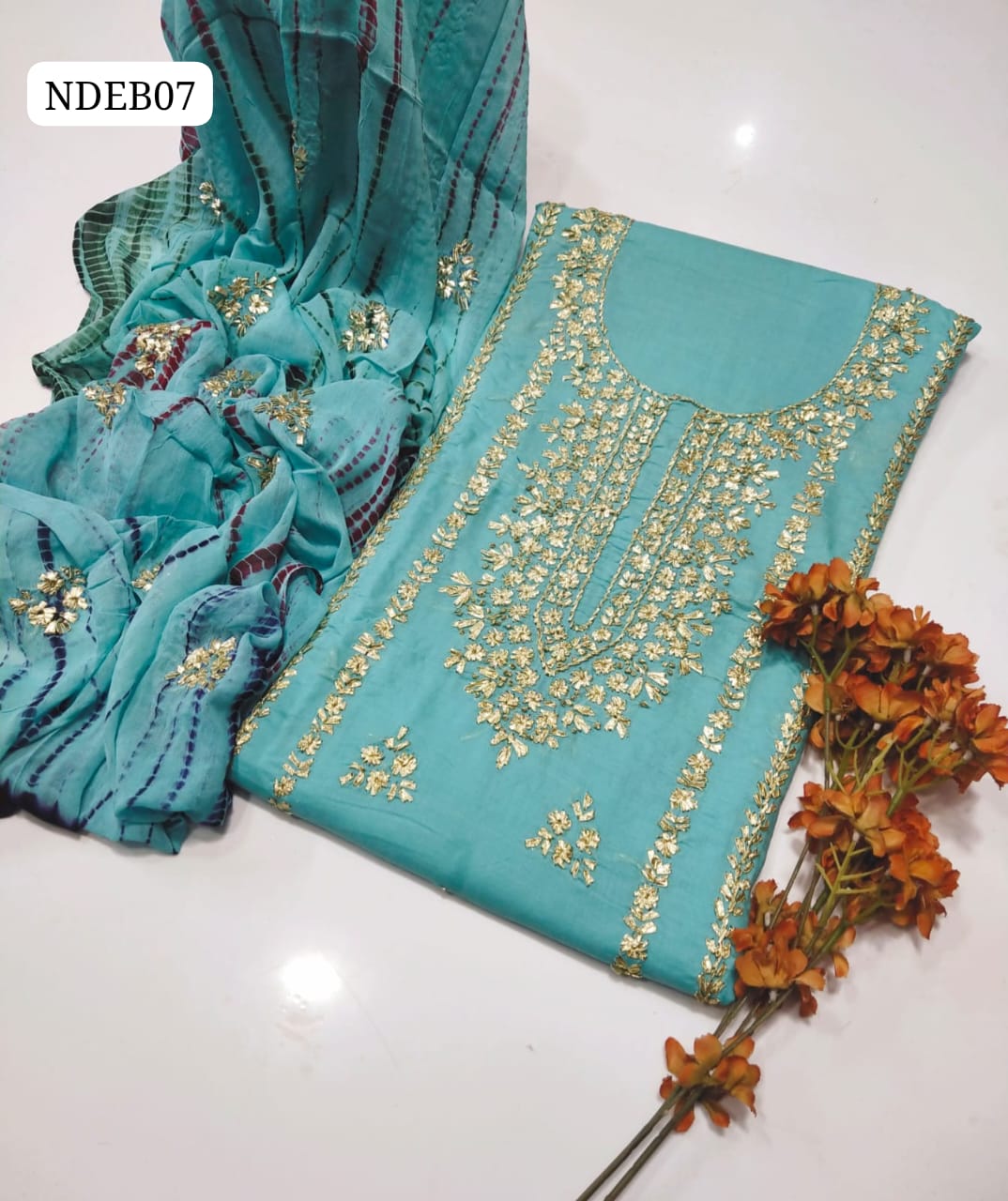 Pure Lawn 100/100 Hande Made Gota Gala Bail Qurta Style Neat Work Shirt With Gota Embroidery Chiffon Crush Tei & Dei Dupatta And Plain Lawn Trouser 3Pc Dress