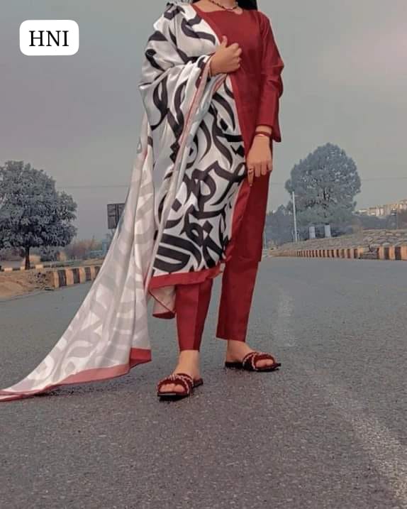 Calligraphy Digital Print original Swiss wail Duppata Along With Kataan Silk Shirt And Trouser 3 Pc Dress With Out Neck Lin
