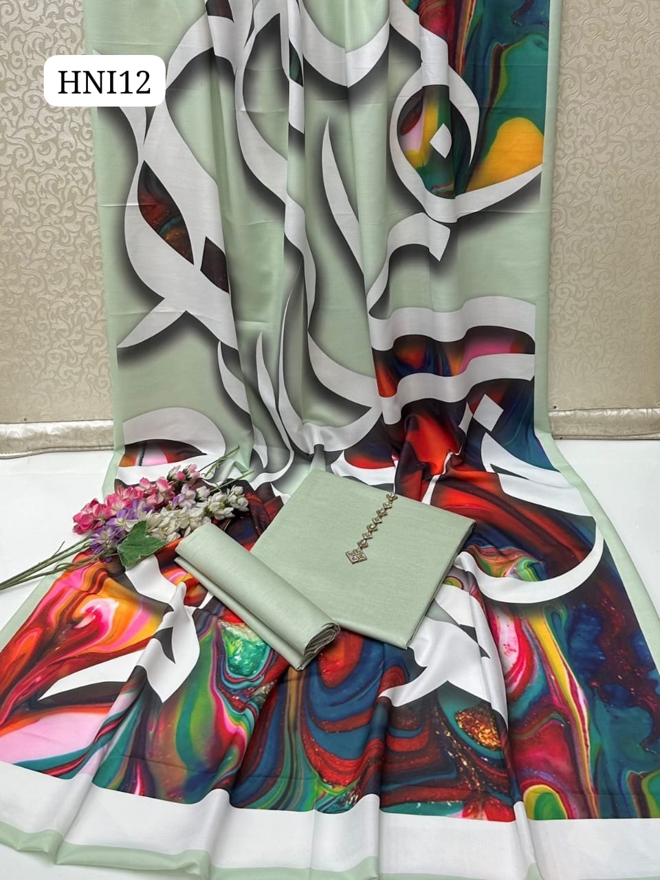Calligraphy Digital Print original Swiss wail Duppata Along With Kataan Silk Shirt And Trouser 3 Pc Dress With Out Neck Lin