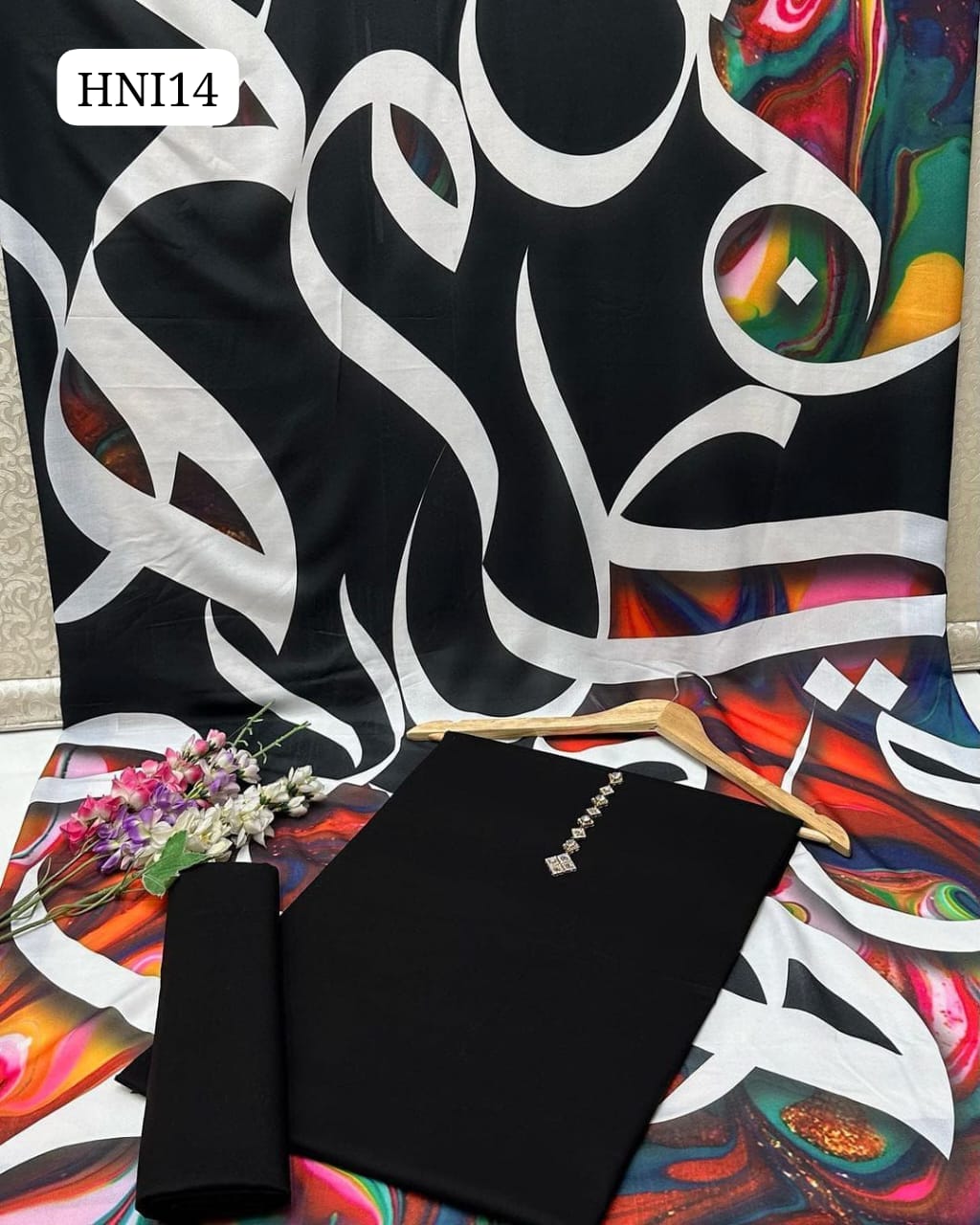 Calligraphy Digital Print original Swiss wail Duppata Along With Kataan Silk Shirt And Trouser 3 Pc Dress With Out Neck Lin