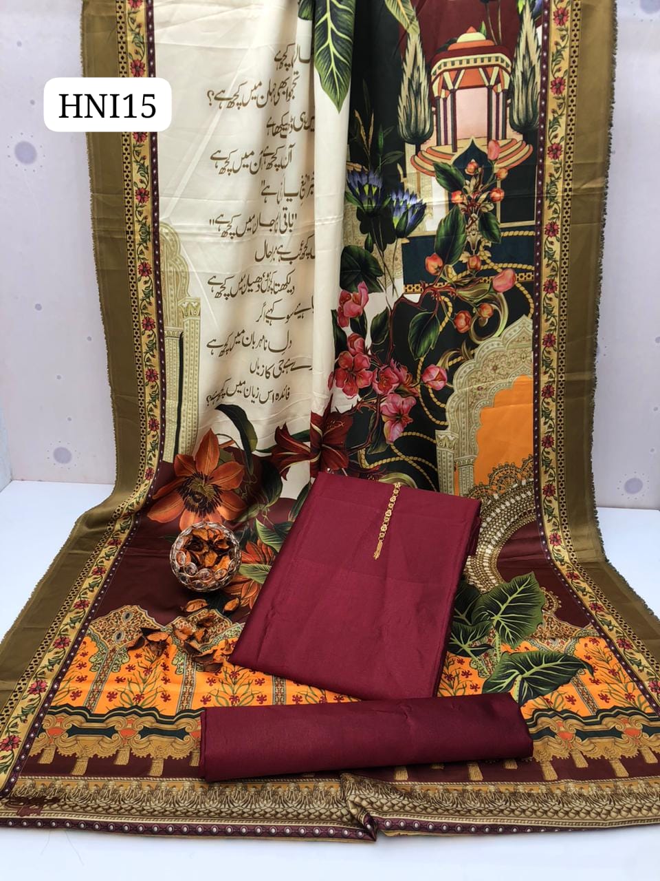 Calligraphy Digital Print original Swiss wail Duppata Along With Kataan Silk Shirt And Trouser 3 Pc Dress With Out Neck Lin