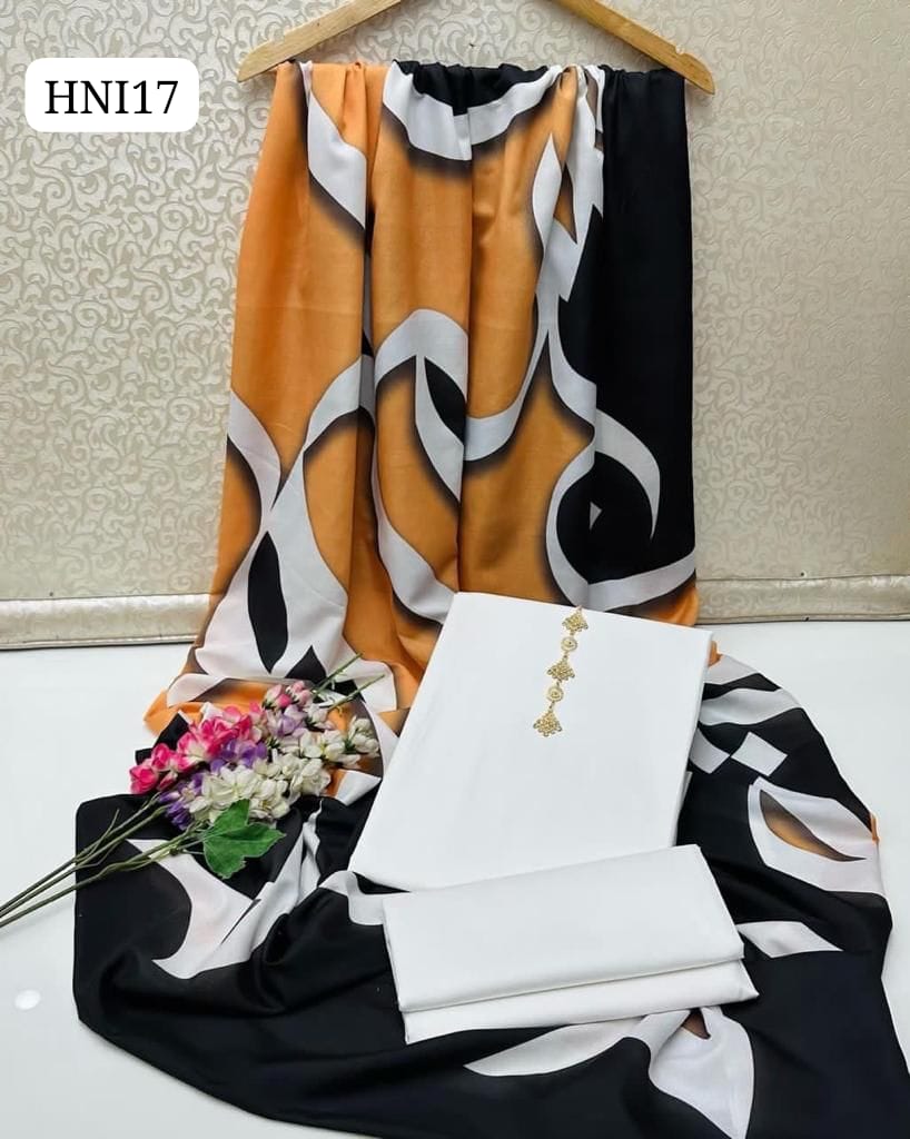 Calligraphy Digital Print original Swiss wail Duppata Along With Kataan Silk Shirt And Trouser 3 Pc Dress With Out Neck Lin