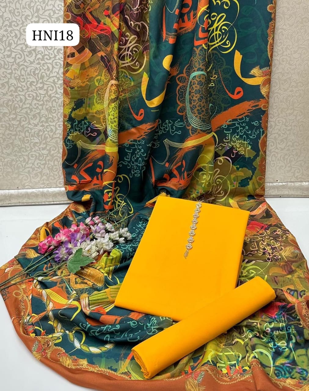 Calligraphy Digital Print original Swiss wail Duppata Along With Kataan Silk Shirt And Trouser 3 Pc Dress With Out Neck Lin