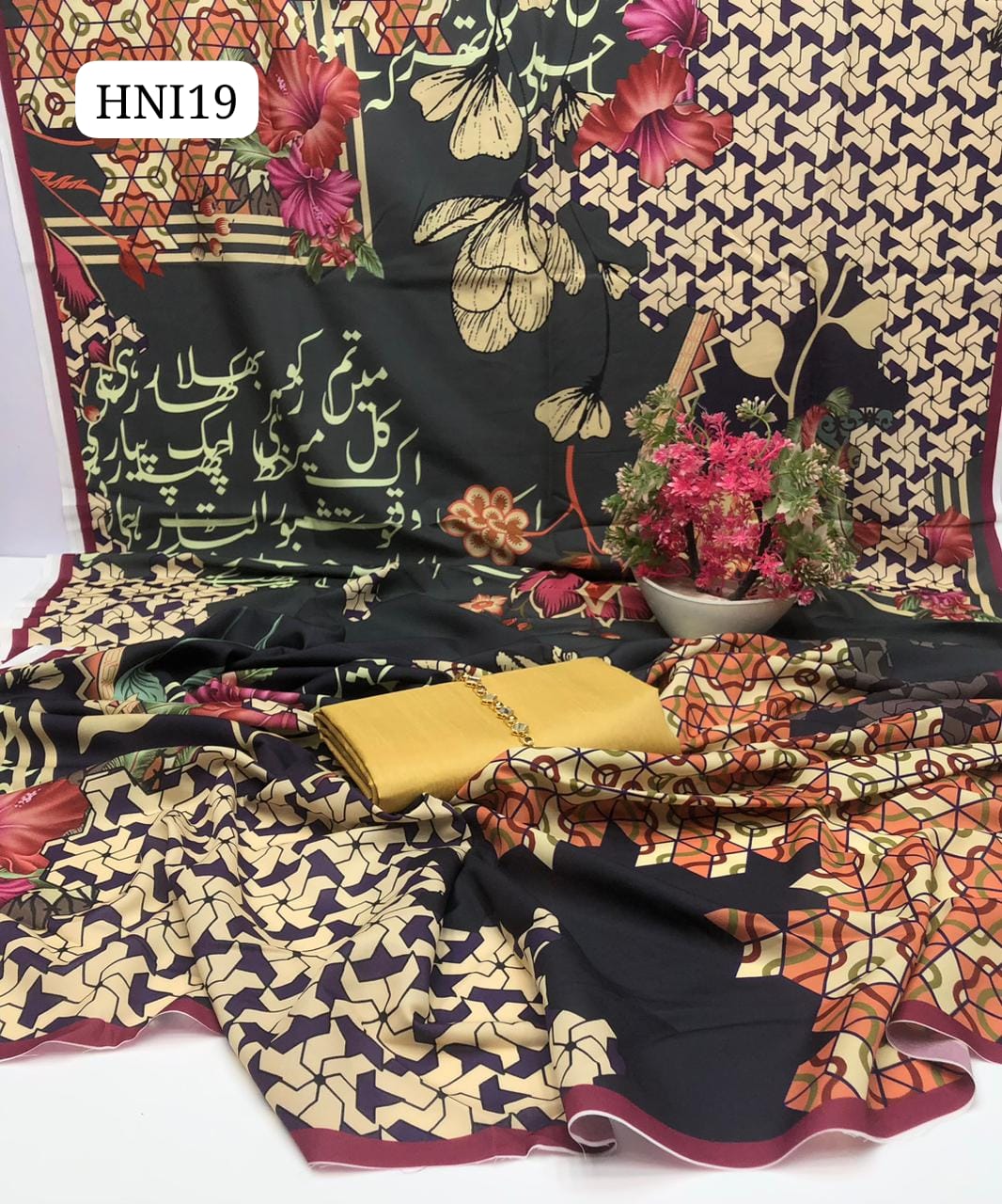 Calligraphy Digital Print original Swiss wail Duppata Along With Kataan Silk Shirt And Trouser 3 Pc Dress With Out Neck Lin