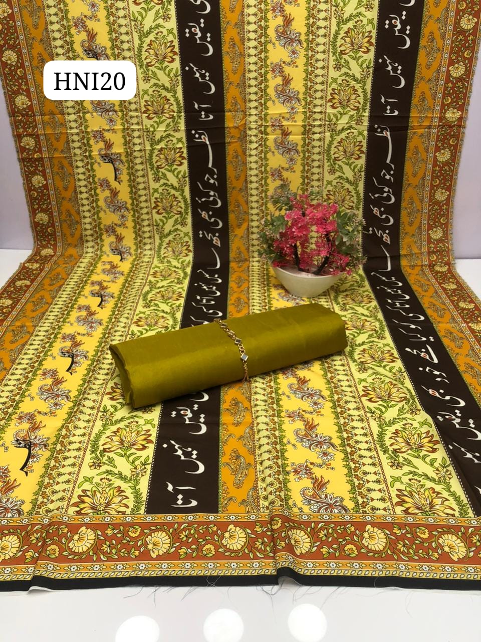 Calligraphy Digital Print original Swiss wail Duppata Along With Kataan Silk Shirt And Trouser 3 Pc Dress With Out Neck Lin