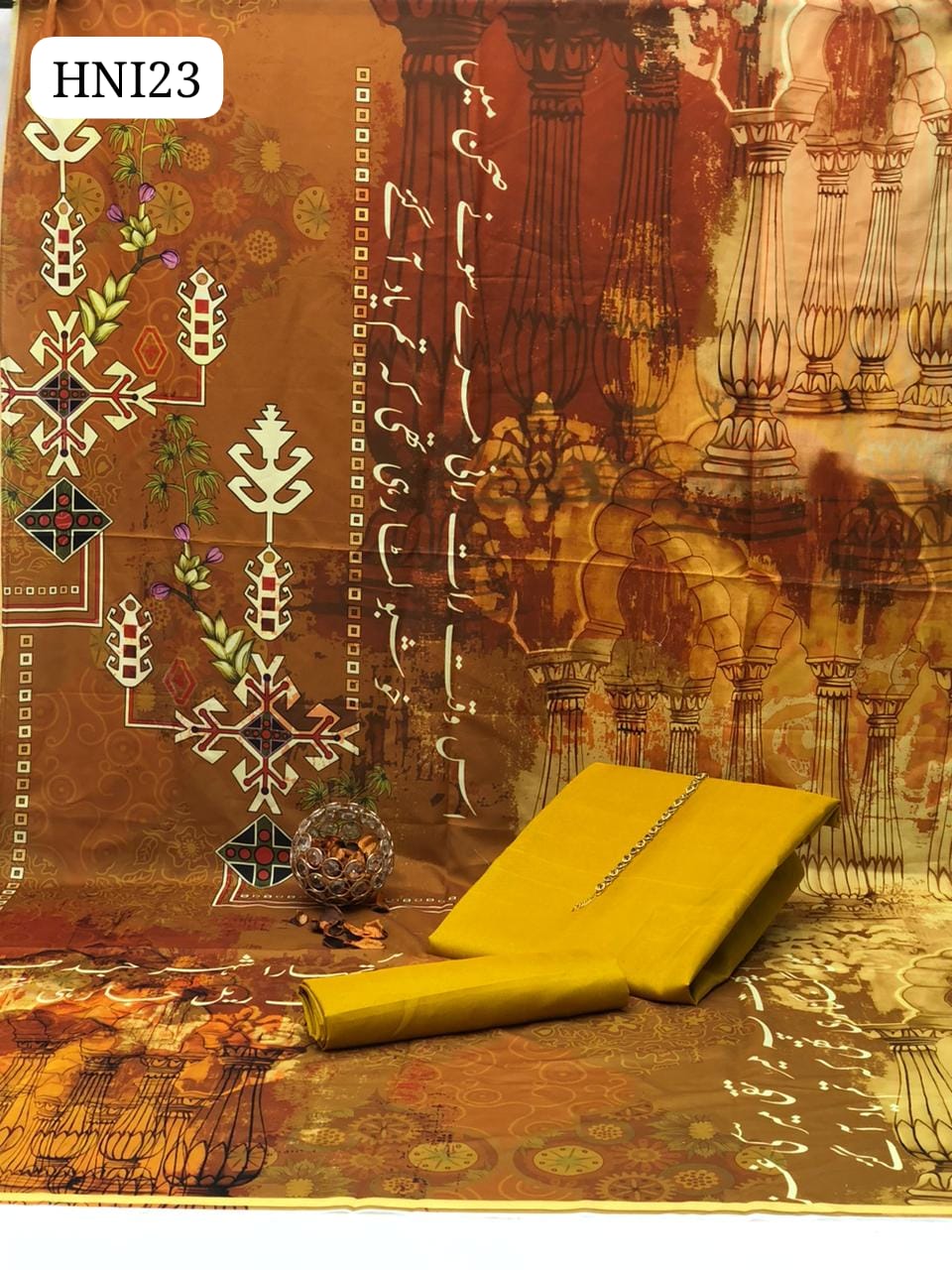 Calligraphy Digital Print original Swiss wail Duppata Along With Kataan Silk Shirt And Trouser 3 Pc Dress With Out Neck Lin
