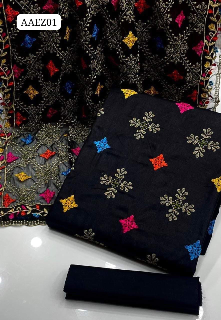 Soft Cotton Allover Embroidery Jall Shirt With Chiffon Allover Embroidery Jall Duppatta And Soft Cotton Trouser 3Pc Dress