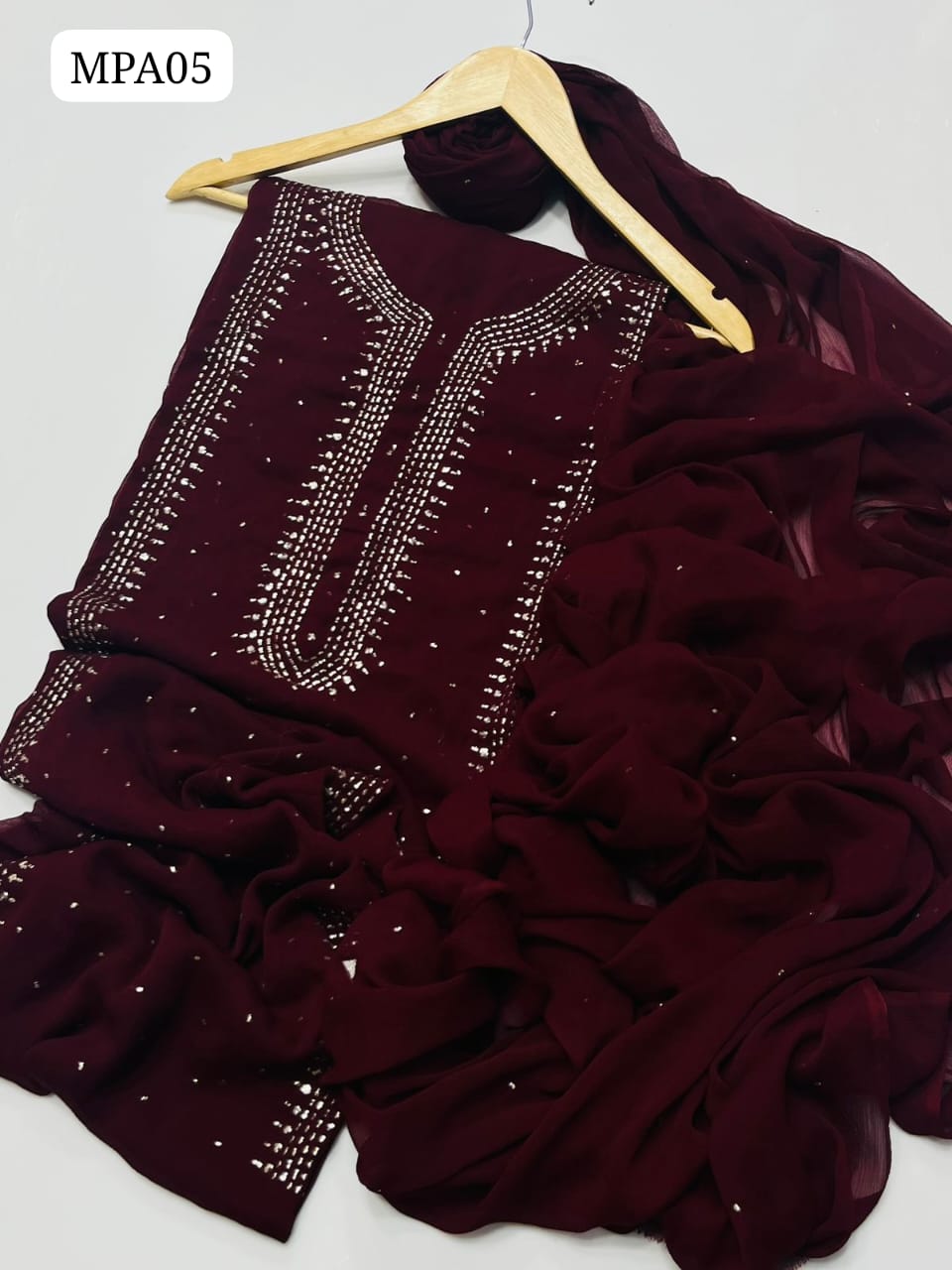 Stuff Bamber Chiffon HandMade Kamdani (Mukesh) Work Shirt With Dupatta Embroidered 2Pc Dress  