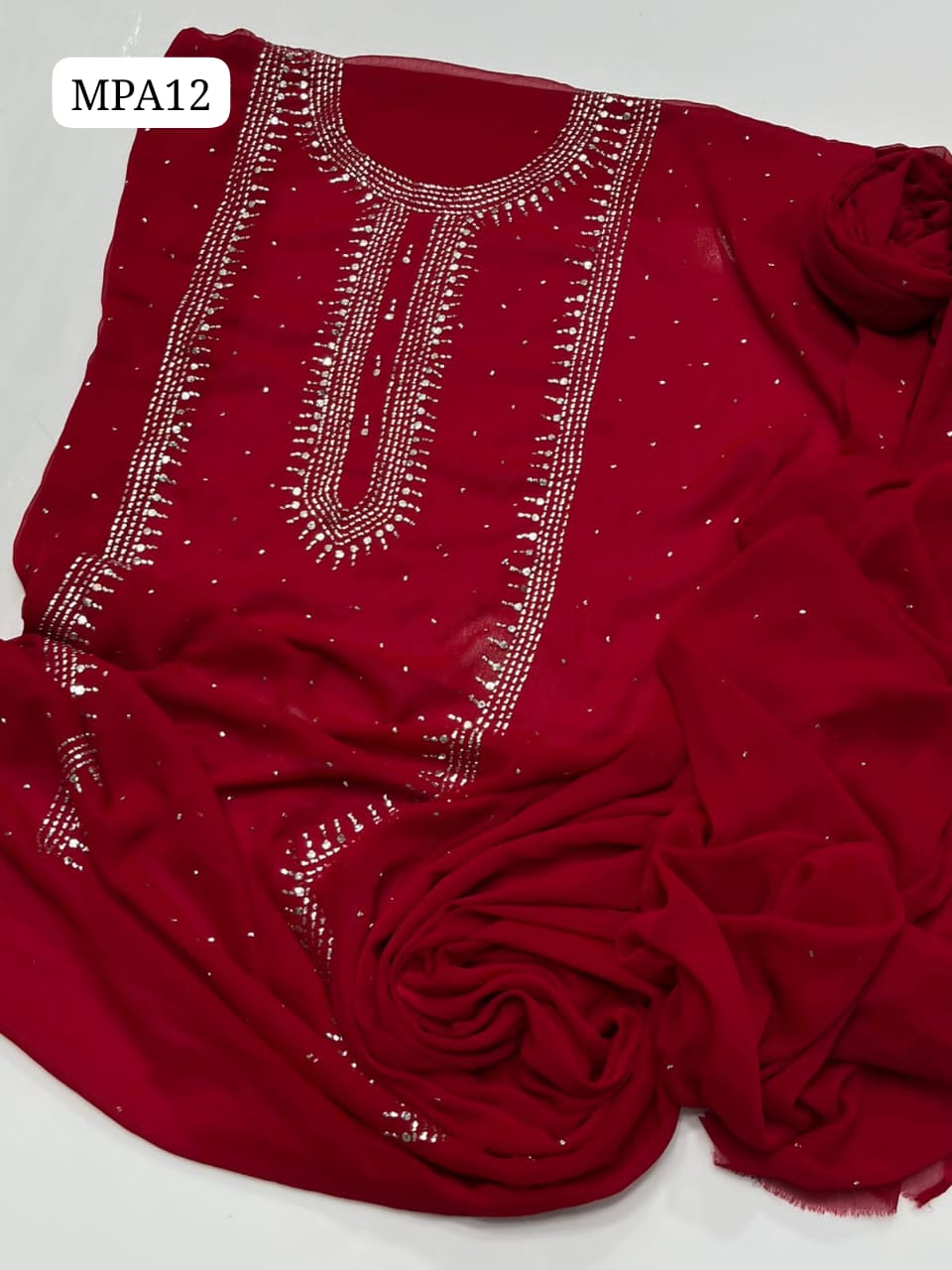 Stuff Bamber Chiffon HandMade Kamdani (Mukesh) Work Shirt With Dupatta Embroidered 2Pc Dress  