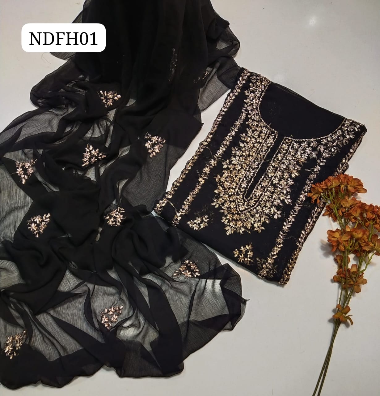  Stuff Soft Bamber Chiffon Beautiful Hand Embroidery Work Shirt With Bamber Chiffon Dupatta 2Pc Dress
