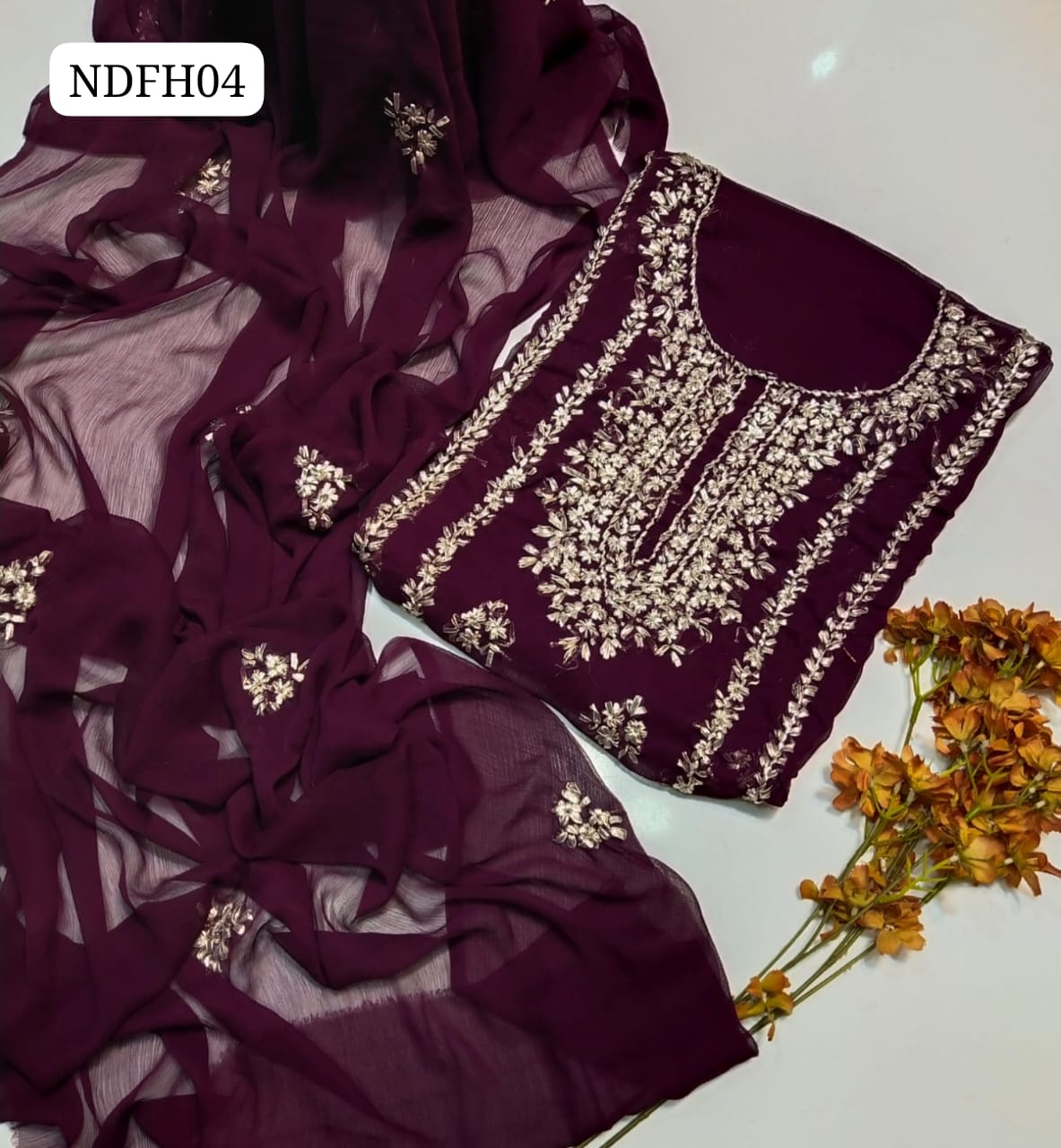  Stuff Soft Bamber Chiffon Beautiful Hand Embroidery Work Shirt With Bamber Chiffon Dupatta 2Pc Dress