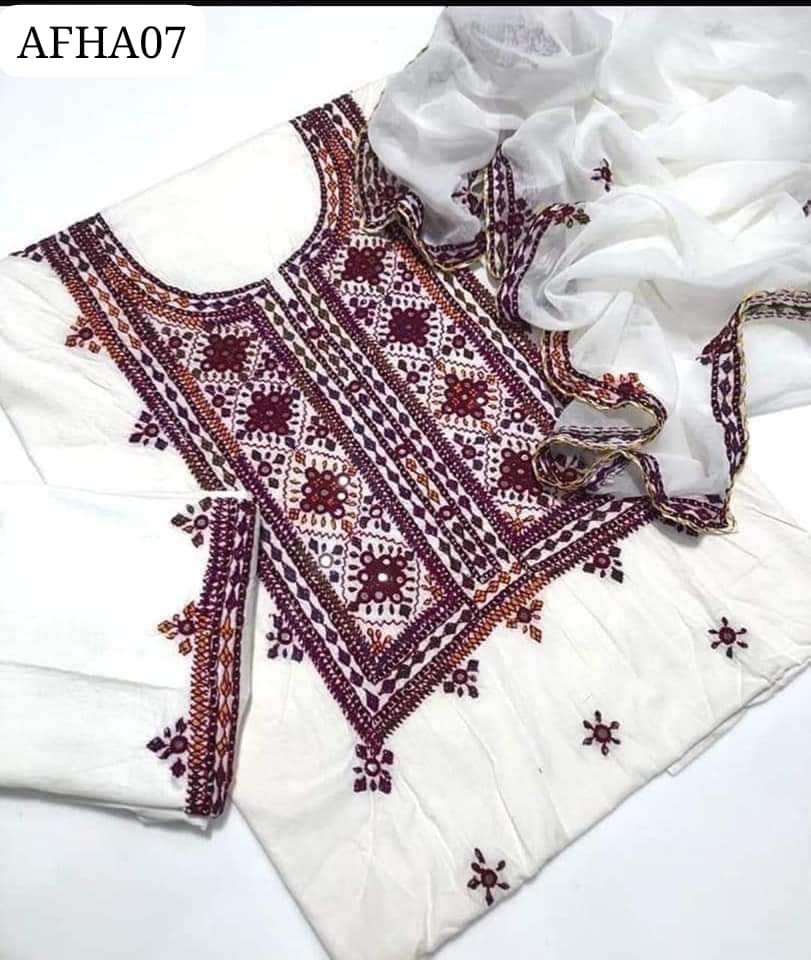 Stuff Soft Lawn Balochi Gala Front Boti Shirt, Embroided Trouser Along With Chiffon. 4 Side Boder Dupatta 3pcs Dress
