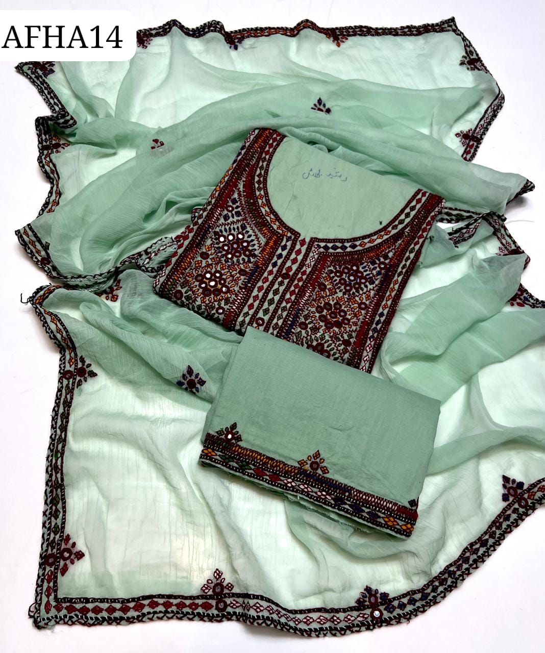Stuff Soft Lawn Balochi Gala Front Boti Shirt, Embroided Trouser Along With Chiffon. 4 Side Boder Dupatta 3pcs Dress