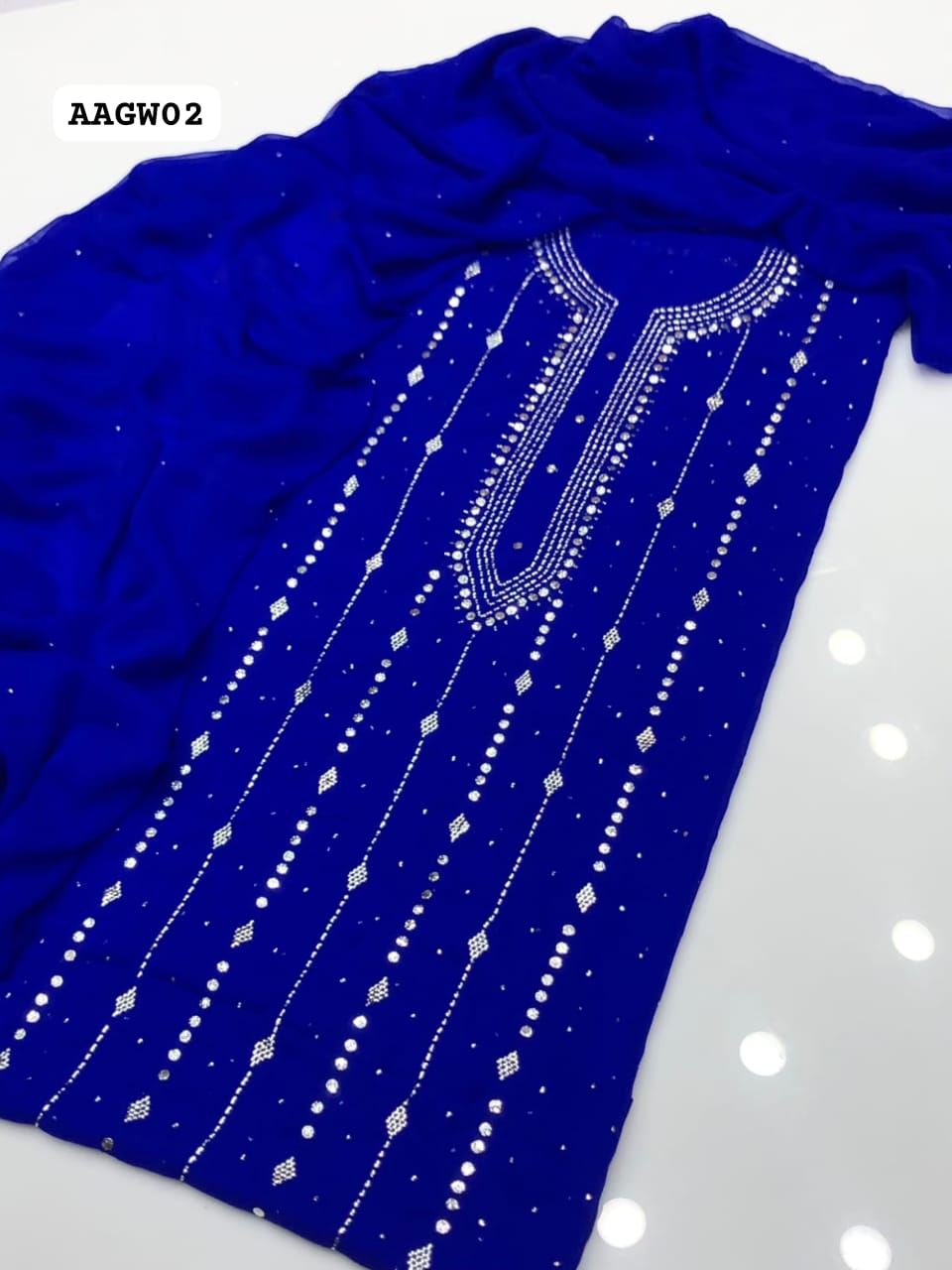 Stuff Soft Bhimber Chiffon Mukesh Kamdani Gala Fromt Heavy Work Shirt And Sleeves Mukesh Work With Bamber Chiffon Dupatta 2PC Dress