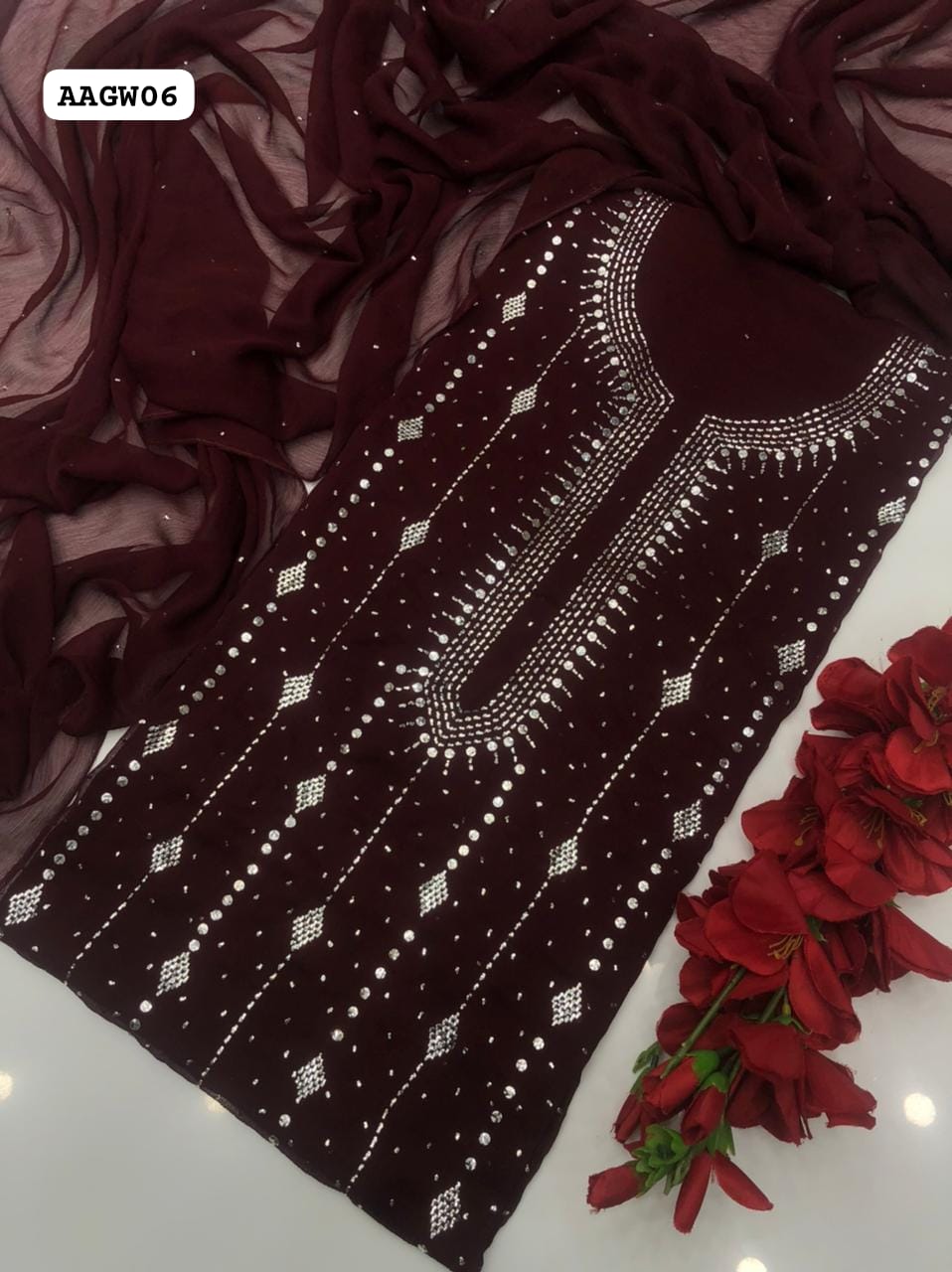 Stuff Soft Bhimber Chiffon Mukesh Kamdani Gala Fromt Heavy Work Shirt And Sleeves Mukesh Work With Bamber Chiffon Dupatta 2PC Dress