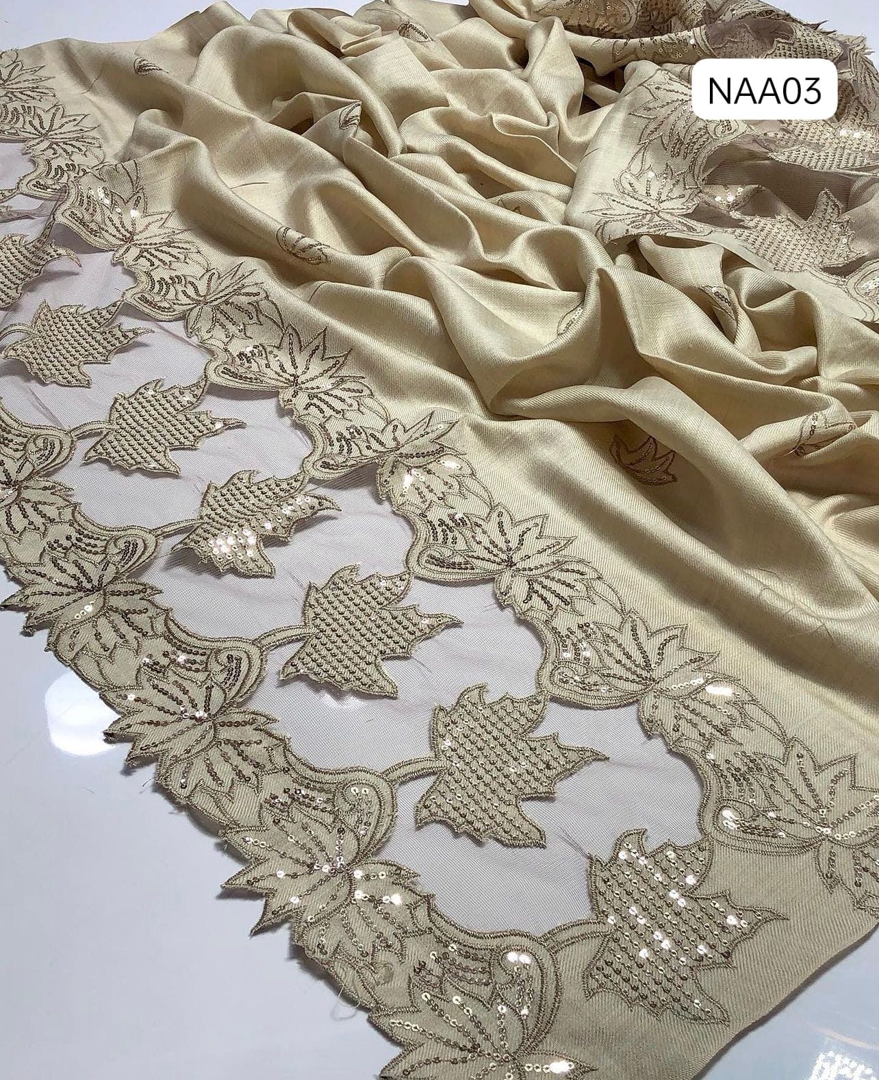 Stuff Pashmina Elegant And Beautiful Sequence Embroidery +Cut work   Light weight shwal