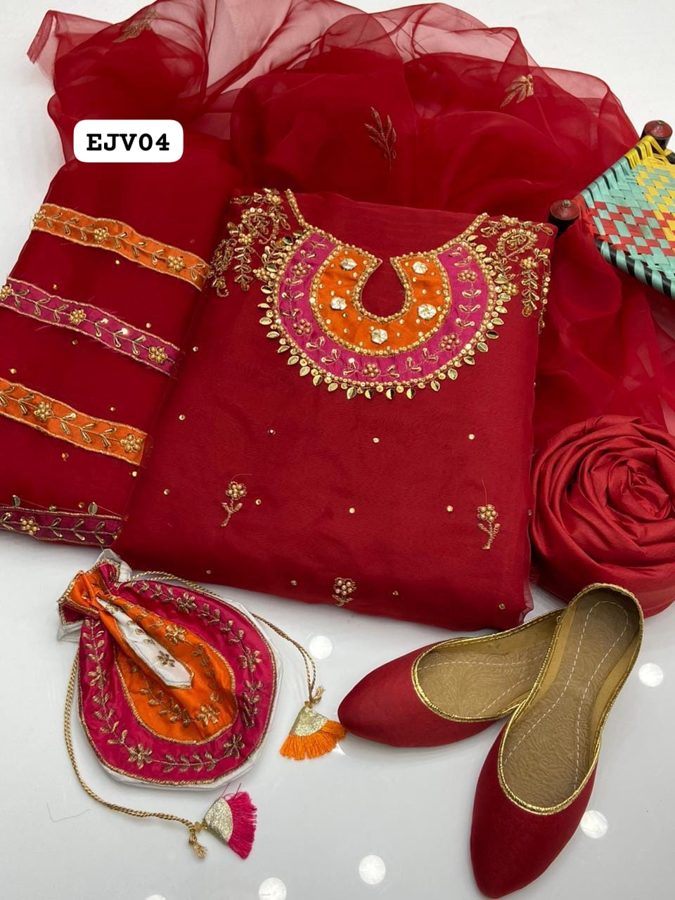 Stuff Organza Multi pplic Tilla Aari Beads Embroidery Shirt And Organza Boti Dupatta With Kattan SIlk Trouser 3PC Dress