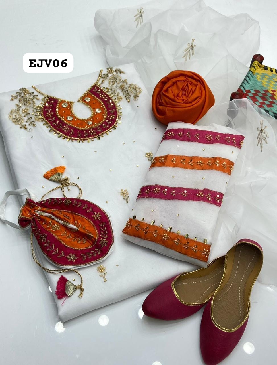 Stuff Organza Multi pplic Tilla Aari Beads Embroidery Shirt And Organza Boti Dupatta With Kattan SIlk Trouser 3PC Dress