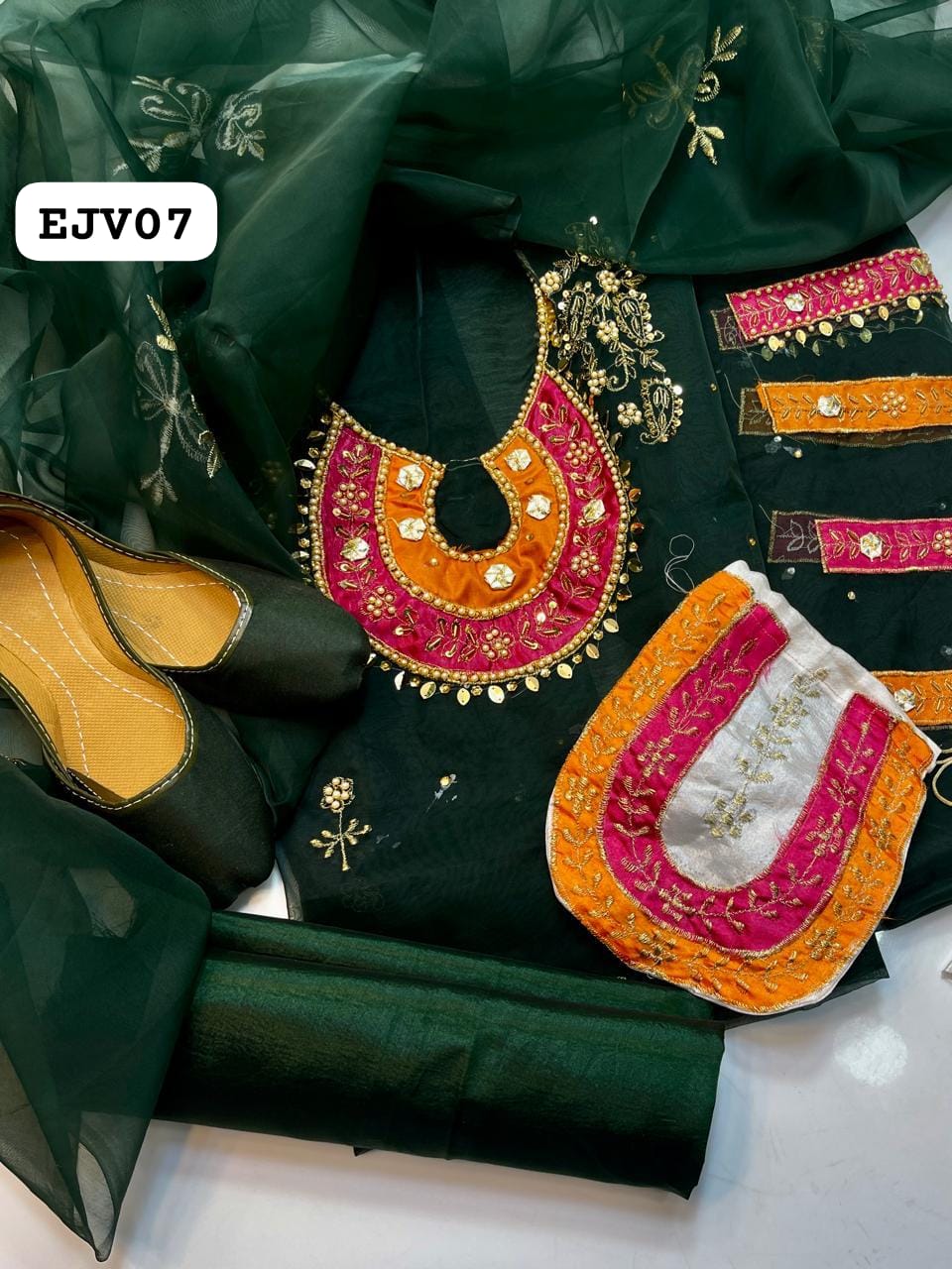 Stuff Organza Multi pplic Tilla Aari Beads Embroidery Shirt And Organza Boti Dupatta With Kattan SIlk Trouser 3PC Dress