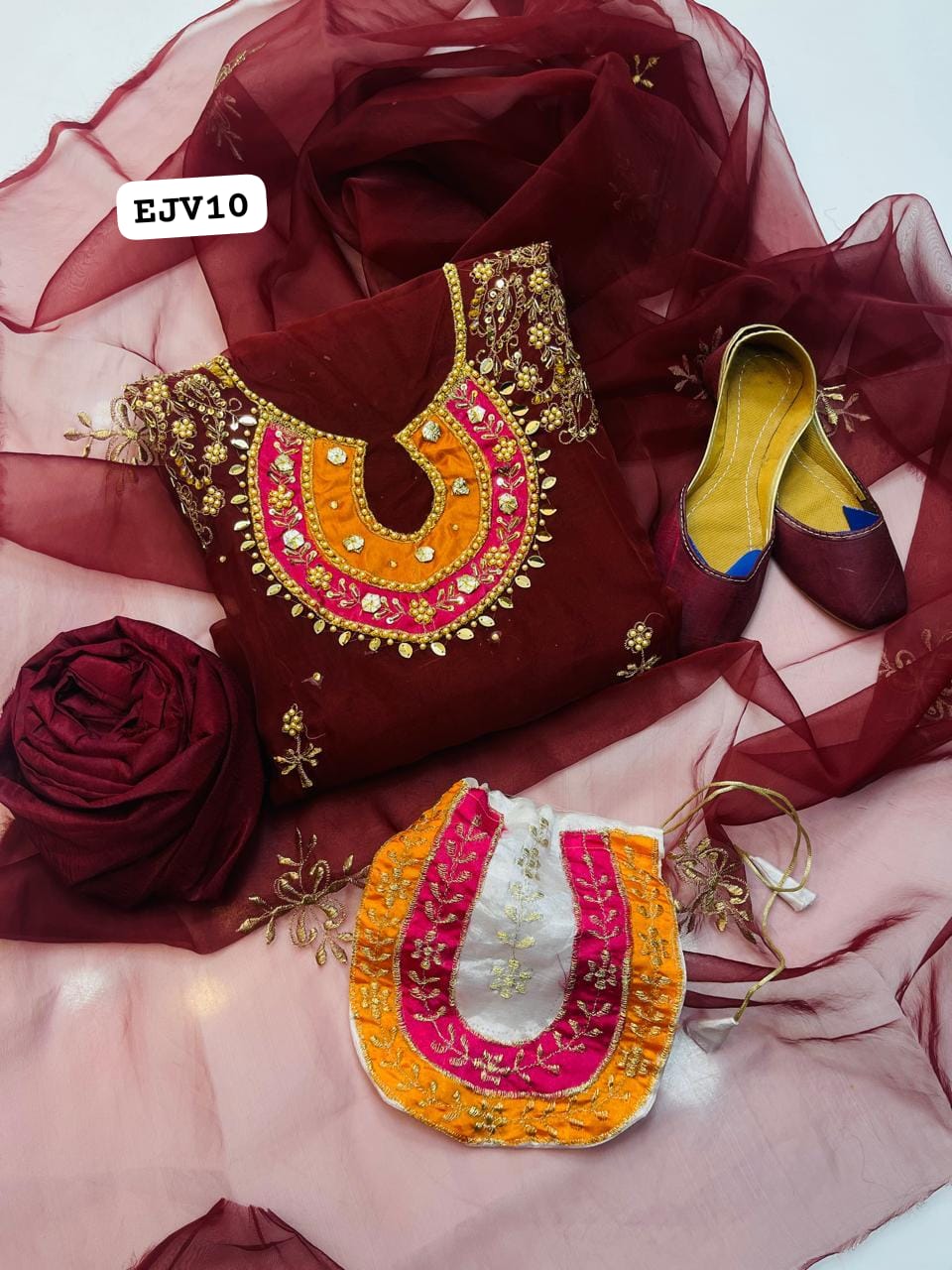 Stuff Organza Multi pplic Tilla Aari Beads Embroidery Shirt And Organza Boti Dupatta With Kattan SIlk Trouser 3PC Dress