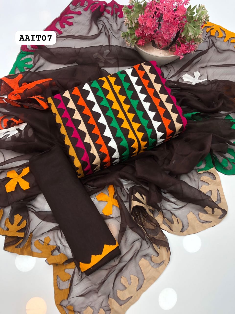 Stuff Cotton handmade Applic Work Embroidery WIth 4 Sided Applic Border Chiffon Dupatta And Cotton Trouser 3PC Dress