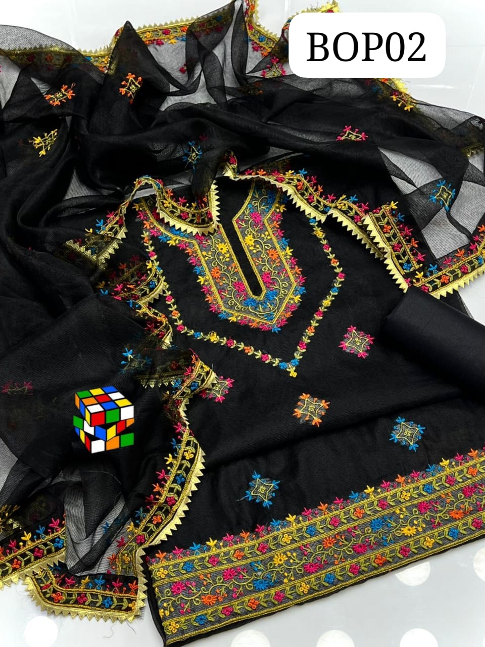 Stuff Khaadi Net  Shirt Front Heavy Gala Daman Emb🪡  Khaadi Net Dupata 4 side border with Gotta Lace  🪡  Trouser Qatan Silk 