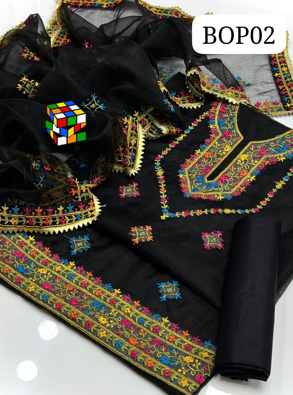 Stuff Khaadi Net  Shirt Front Heavy Gala Daman Emb🪡  Khaadi Net Dupata 4 side border with Gotta Lace  🪡  Trouser Qatan Silk 