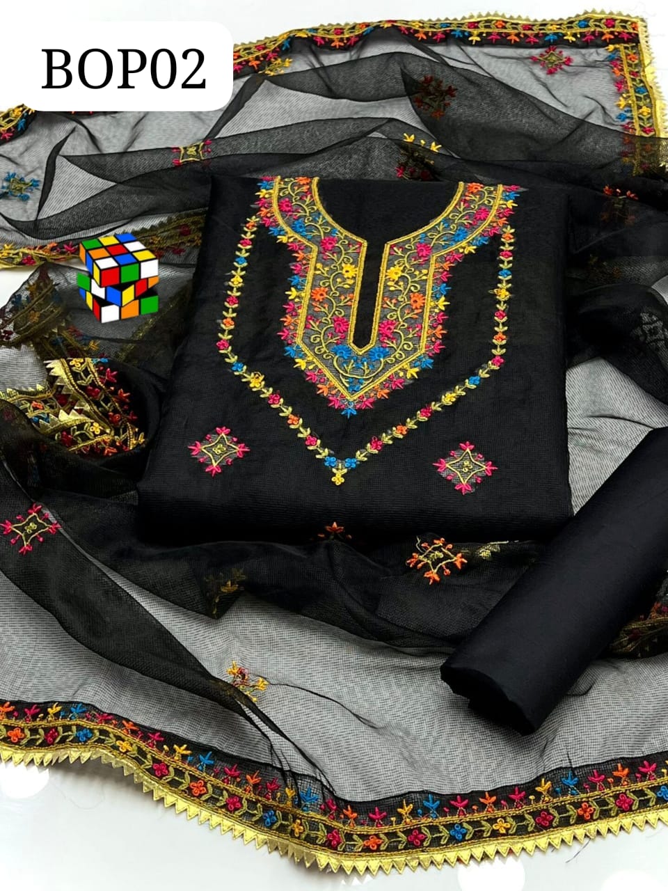 Stuff Khaadi Net  Shirt Front Heavy Gala Daman Emb🪡  Khaadi Net Dupata 4 side border with Gotta Lace  🪡  Trouser Qatan Silk 