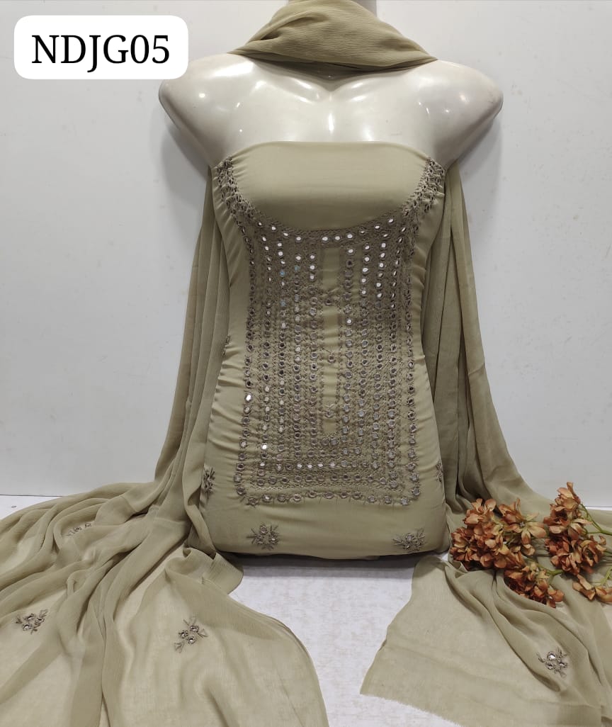 Stuff Soft Bamber Chiffon Karinkle Handmade Balochi Mirror Gala Work Shirt And Chiffon Dupatta 2PC Dress