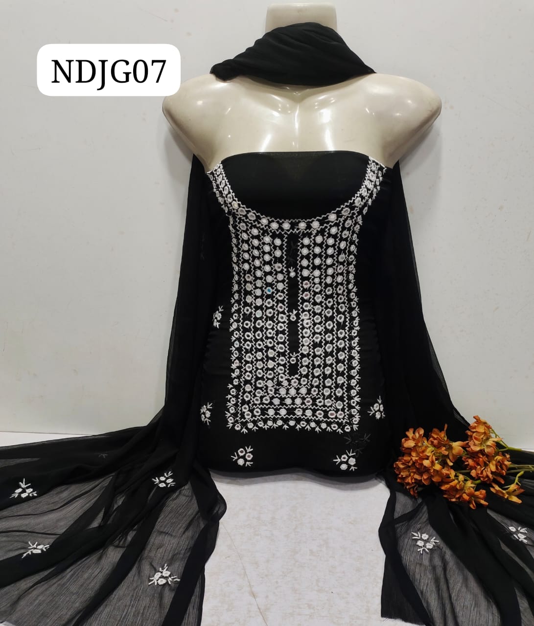 Stuff Soft Bamber Chiffon Karinkle Handmade Balochi Mirror Gala Work Shirt And Chiffon Dupatta 2PC Dress