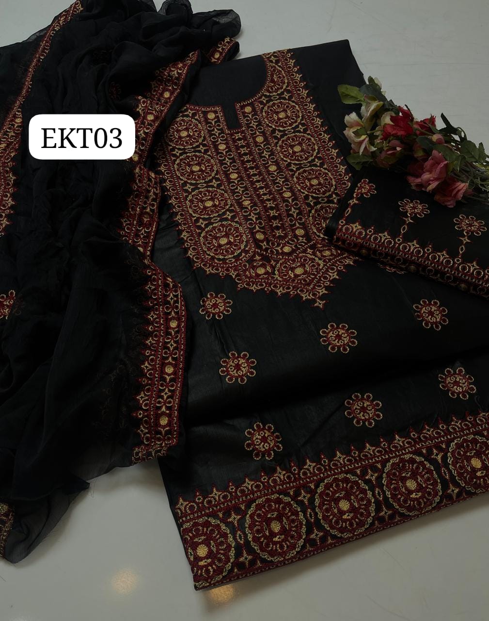 COMPUTER AARI SINDHI EMBROIDERY ON SOFT LAWN  SHIRT, EMBROIDERED TROUSER WITH CHIFFON DUPPATTA 4 SIDES EMBROIDERED... 3PC SUIT