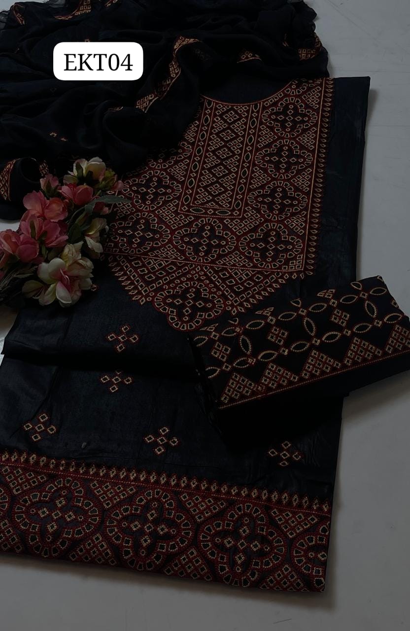 COMPUTER AARI SINDHI EMBROIDERY ON SOFT LAWN  SHIRT, EMBROIDERED TROUSER WITH CHIFFON DUPPATTA 4 SIDES EMBROIDERED... 3PC SUIT