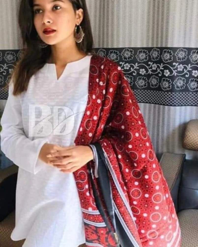 Stuff Cotton Chicken Kari Embroidery Shirt And Trouser With Traditiional Ajrak Chiffon Dupatta 3PC Dress